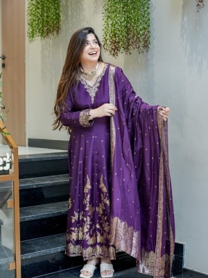 Elegant Anarkali Hand Work Fancy Chanderi Silk Kurti Pant Dupatta Set Salwar Kameez (Set Of 3)