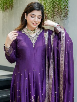 Elegant Anarkali Hand Work Fancy Chanderi Silk Kurti Pant Dupatta Set Salwar Kameez (Set Of 3)