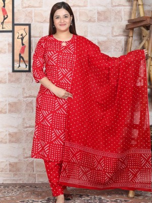 Red Printed Indian Straight Cotton Salwar Kameez Kurti Pant Set for Women - Set of 3