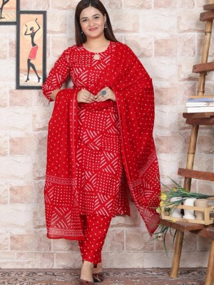 Red Printed Indian Straight Cotton Salwar Kameez Kurti Pant Set for Women - Set of 3