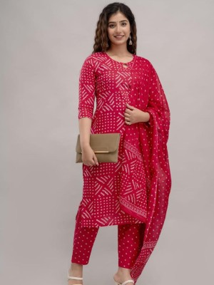 Pink Printed Indian Straight Cotton Salwar Kameez Kurti Pant Set for Women - Set of 3