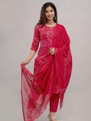 Pink Printed Indian Straight Cotton Salwar Kameez Kurti Pant Set for Women - Set of 3