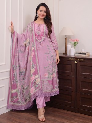 Pakistani Straight Fit Floral Printed Muslin Kurti Pant with Dupatta Salwar Suit - Set Of 3