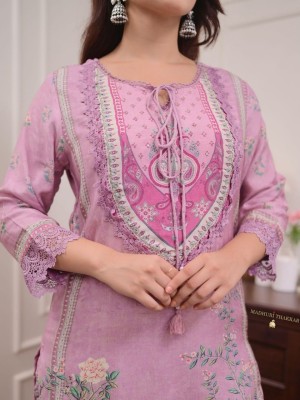 Pakistani Straight Fit Floral Printed Muslin Kurti Pant with Dupatta Salwar Suit - Set Of 3