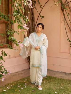 Designer Pakistani Heavy Embroidered V-Neck Kurti Sharara with Dupatta Salwar Kameez- Set Of 3