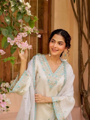 Designer Pakistani Heavy Embroidered V-Neck Kurti Sharara with Dupatta Salwar Kameez- Set Of 3