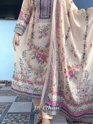 Breezy Blossom Hand Work Floral Printed Kurti Pant with Dupatta Salwar Suit - Set Of 3