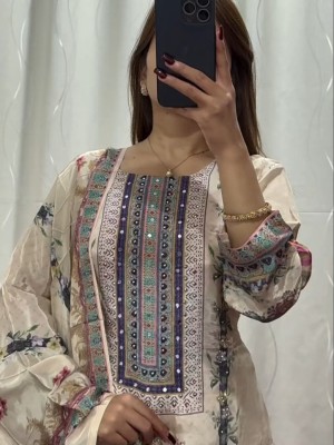 Breezy Blossom Hand Work Floral Printed Kurti Pant with Dupatta Salwar Suit - Set Of 3