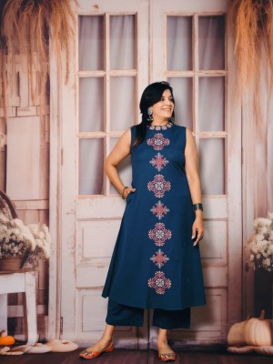 Nihaar Blue Straight Fit Cotton Sleeveless Kurti Pant Co Ord Set For Women