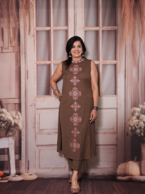 Nihaar Brown Straight Fit Cotton Sleeveless Kurti Pant Co Ord Set For Women