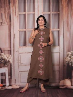Nihaar Brown Straight Fit Cotton Sleeveless Kurti Pant Co Ord Set For Women