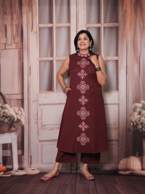 Nihaar Maroon Straight Fit Cotton Sleeveless Kurti Pant Co Ord Set For Women