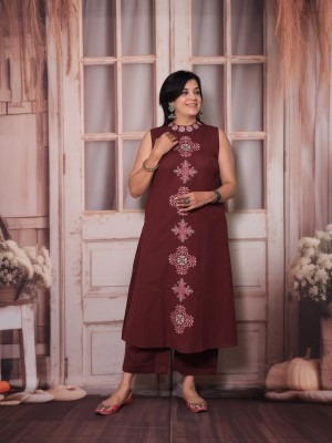 Nihaar Maroon Straight Fit Cotton Sleeveless Kurti Pant Co Ord Set For Women