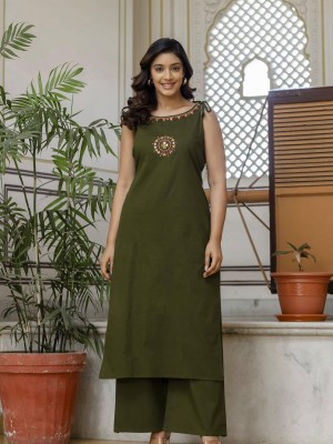 Green Summer Everyday Straight Fit Solid Cotton Kurti Pant Co Ord Set For Women (Set Of 2)