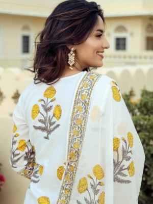 White Multi Cotton Block Printed Kurti With Floral Printed Sharara & Dupatta Set for Women