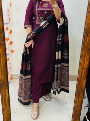Somya Wine Mirror & Embroidery Work Cotton Kurta Pant With Dupatta (Set Of 3)