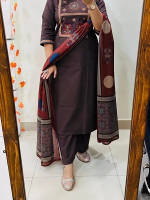 Somya Brown Mirror & Embroidery Work Cotton Kurta Pant With Dupatta (Set Of 3)
