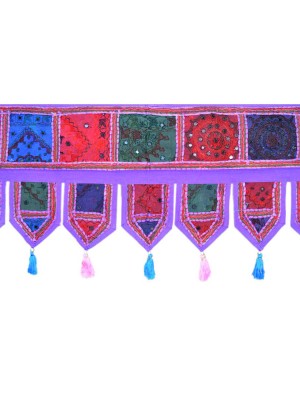 Purple One-Of-A-Kind Boho Patch Mirror Embroidered Toran Door Valance Topper - 1 Meter