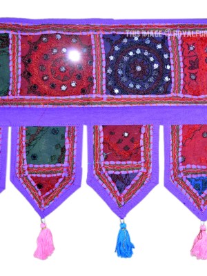 Purple One-Of-A-Kind Boho Patch Mirror Embroidered Toran Door Valance Topper - 1 Meter