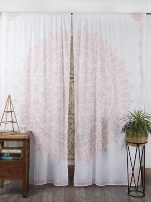 White & Gold Boho Floral Medallion Tapestry Curtain Window Treatment - Set of Two Panels