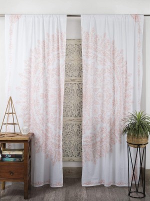 White & Gold Boho Floral Medallion Tapestry Curtain Window Treatment - Set of Two Panels