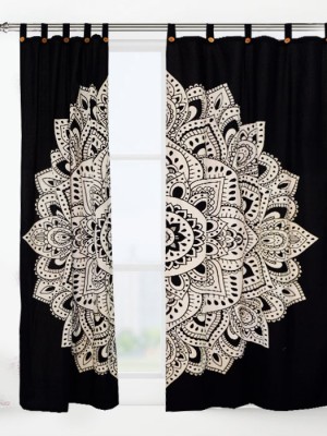 Black Lotus Mandala Tapestry Curtain Panel Pair Window Treatment Boho Decor