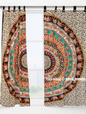 Colorful Boho Elephant Mandala Tapestry Curtain Panel Pair Window Treatment