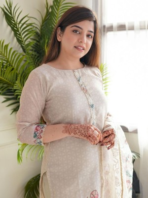 Avantika White Glow Straight Fit Cotton Kurti Pant Salwar Suit with Embroidery Dupatta