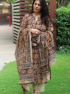 Aarushi Handblock Kalamkari Floral Print Cotton Kurti Pant Salwar Suit with Dupatta - (Set Of 3)