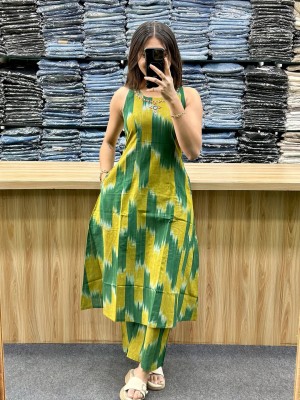 Green & Yellow Sleeveless Perfect Look For Summer Cotton Kurti Plazzo Co-ord Set