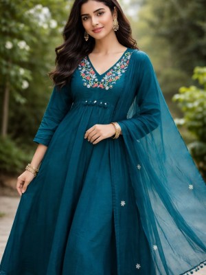 Blue Designer Cotton Anarkali V-Neck Embroidered Cotton Kurti Pant With Dupatta Salwar Kameez