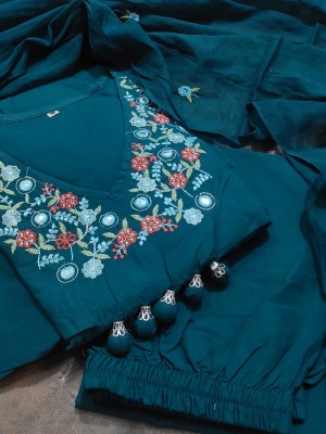 Blue Designer Cotton Anarkali V-Neck Embroidered Cotton Kurti Pant With Dupatta Salwar Kameez