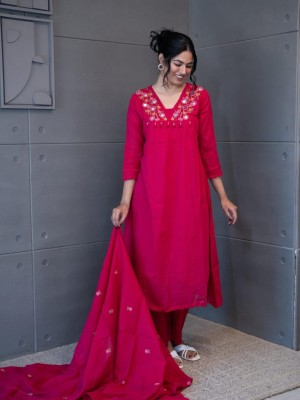 Pink Designer Cotton Anarkali V-Neck Embroidered Cotton Kurti Pant With Dupatta Salwar Kameez