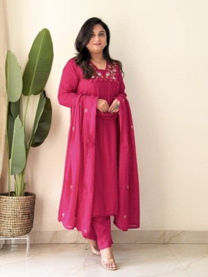 Pink Designer Cotton Anarkali V-Neck Embroidered Cotton Kurti Pant With Dupatta Salwar Kameez