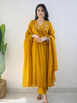 Yellow Designer Cotton Anarkali V-Neck Embroidered Cotton Kurti Pant With Dupatta Salwar Kameez