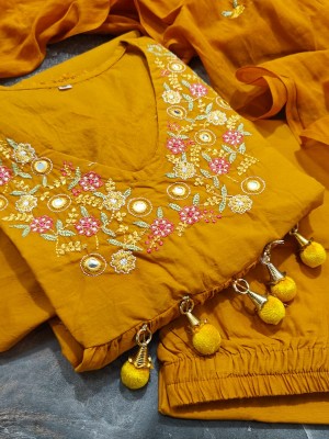 Yellow Designer Cotton Anarkali V-Neck Embroidered Cotton Kurti Pant With Dupatta Salwar Kameez