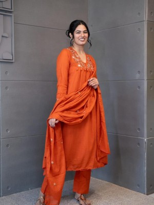 Orange Designer Cotton Anarkali V-Neck Embroidered Cotton Kurti Pant With Dupatta Salwar Kameez