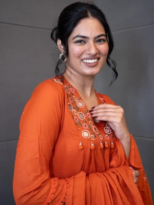 Orange Designer Cotton Anarkali V-Neck Embroidered Cotton Kurti Pant With Dupatta Salwar Kameez