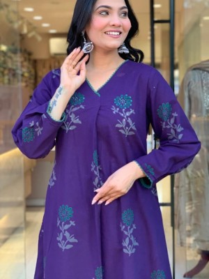 Somya Floral Printed V-Neck Cotton Purple Kurti Pant Readymade Salwar Kameez For Women