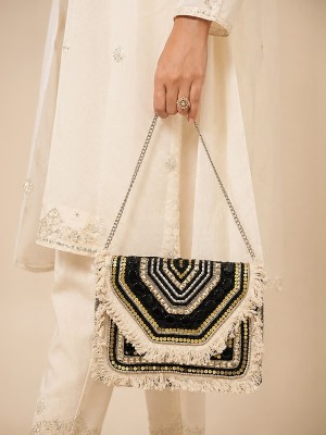 Black & White Boho Bag Handmade Beaded Embellished Gypsy Bag for Women