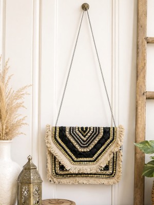 Black & White Boho Bag Handmade Beaded Embellished Gypsy Bag for Women