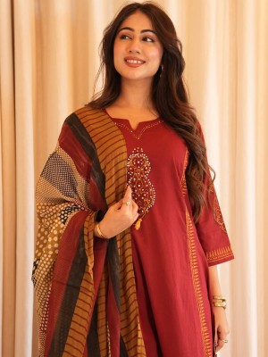 Somya Elegant A-Line Embroidered Heavy Cotton Salwar Kameez Kurti Pant Dupatta - Set Of 3