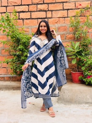 Harshita Blue Heavy Embroidery Work Cotton Kurti Pant Dupatta Salwar Kameez