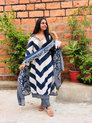 Harshita Blue Heavy Embroidery Work Cotton Kurti Pant Dupatta Salwar Kameez