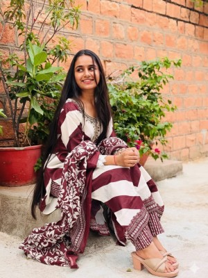 Harshita Maroon Heavy Embroidery Work Cotton Kurti Pant Dupatta Salwar Kameez