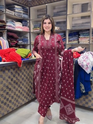 Saanvi Maroon Embroidery Work On Yoke Printed Cotton Kurti Pant Dupatta Salwar Kameez