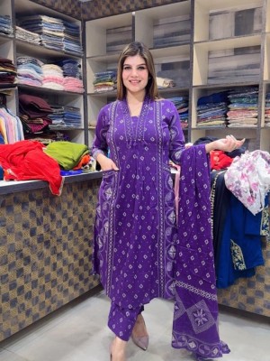 Saanvi Purple Embroidery Work On Yoke Printed Cotton Kurti Pant Dupatta Salwar Kameez