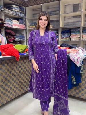 Saanvi Purple Embroidery Work On Yoke Printed Cotton Kurti Pant Dupatta Salwar Kameez