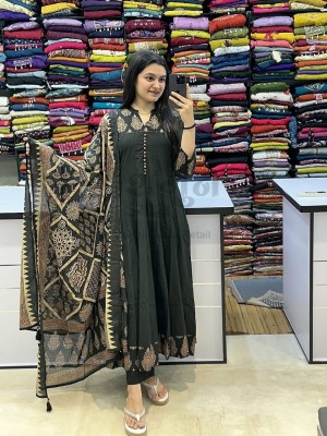 Grey Printed Sequence Work on Neck Anarkali Cotton Kurti Pant Dupatta Set For Women (Set Of 3)