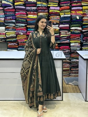 Grey Printed Sequence Work on Neck Anarkali Cotton Kurti Pant Dupatta Set For Women (Set Of 3)